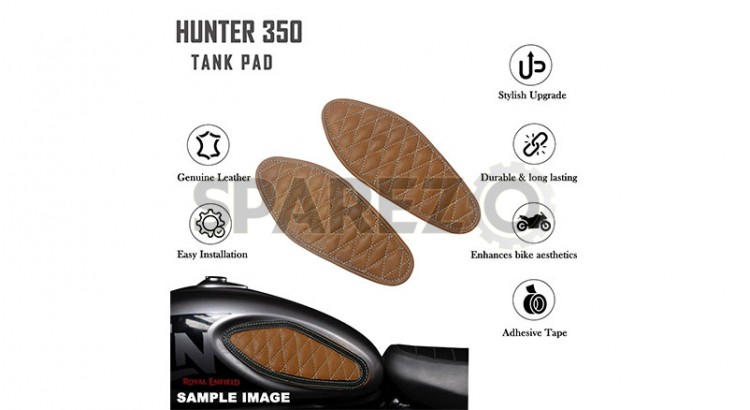 Royal Enfield Hunter 350 Genuine Leather Diamond Design Tank Pad Tan Brown D10 - SPAREZO